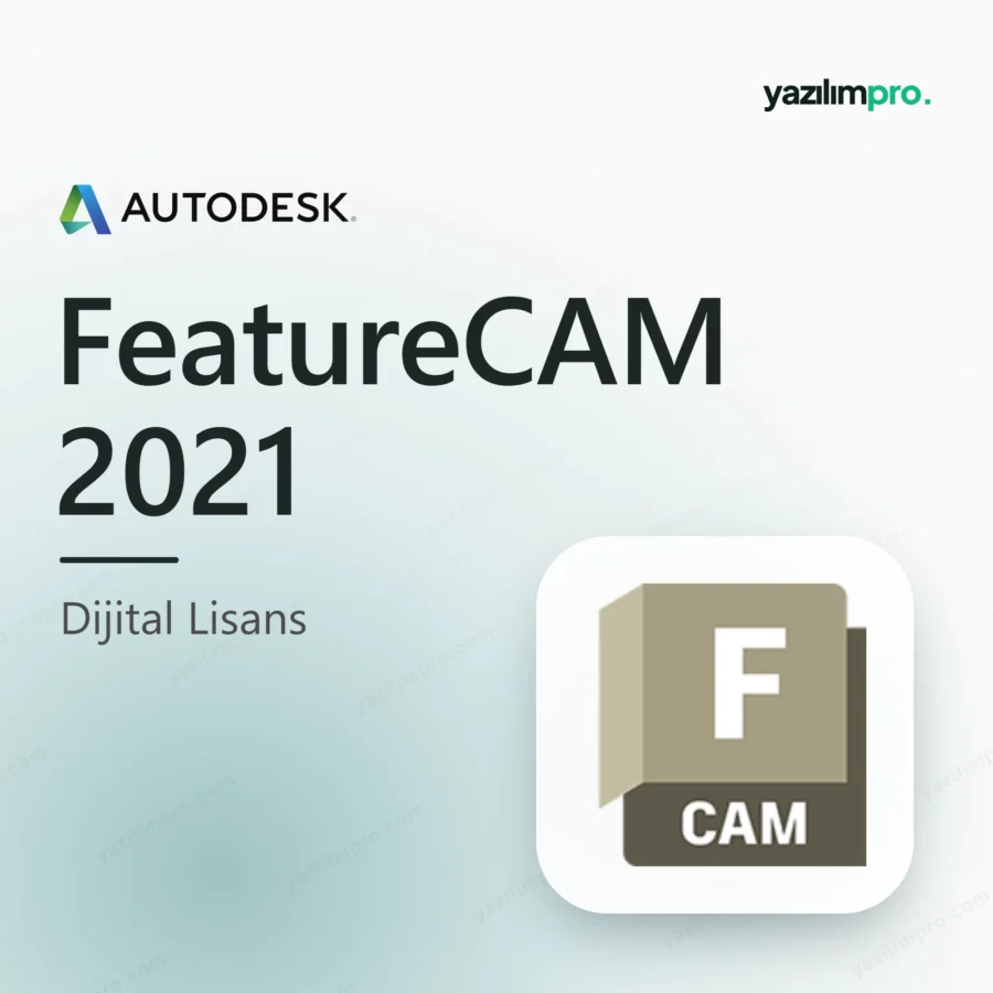 Autodesk FeatureCAM 2021 orijinal lisans ürün görseli, marka logosu ve ürün simgesiyle