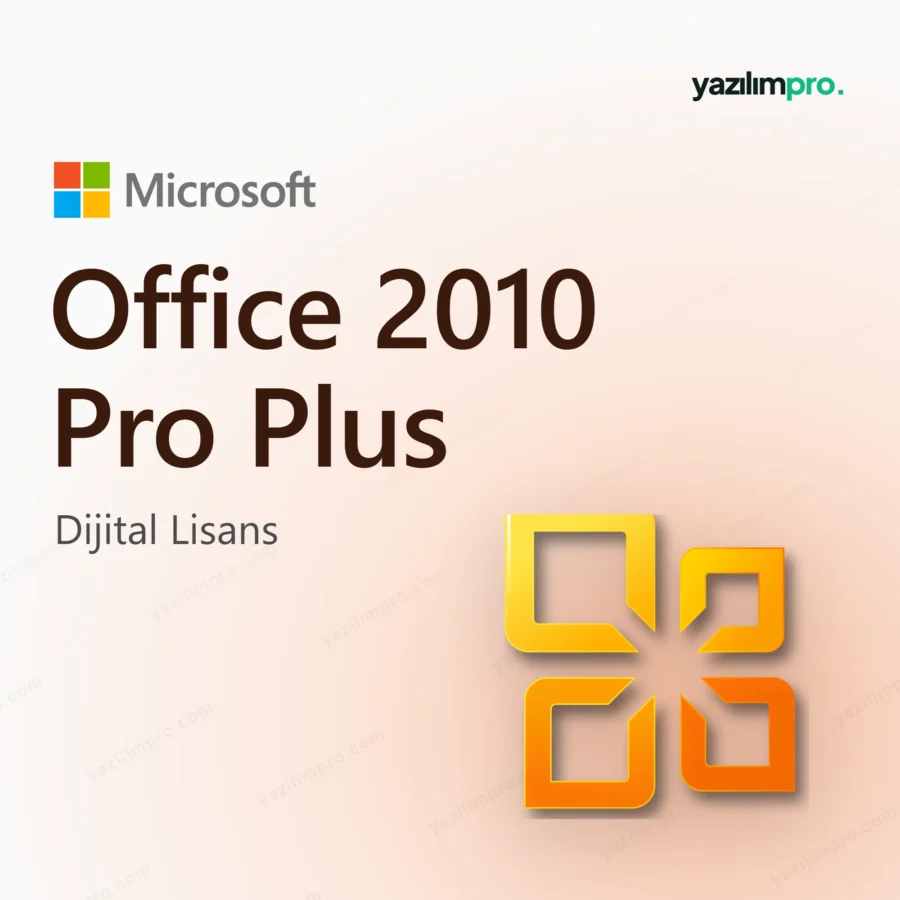 Office 2010 Pro Plus orijinal lisans ürün görseli, Microsoft logosu ve ürün simgesiyle