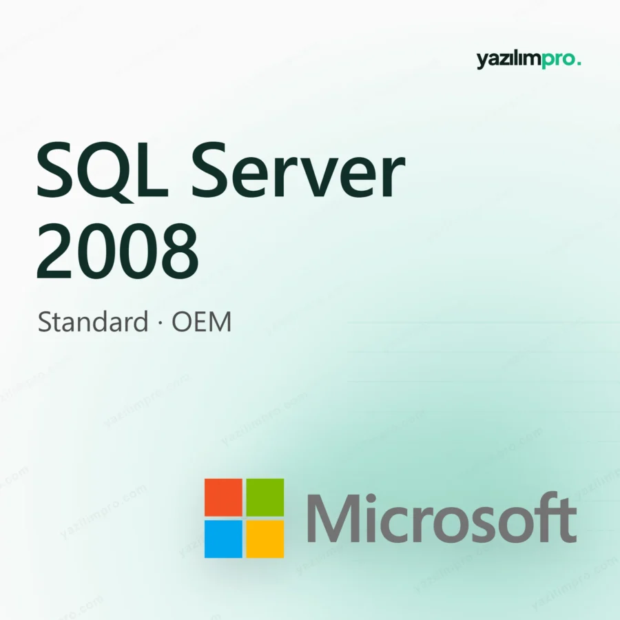 SQL Server 2008 Standard OEM orijinal lisans anahtarı ürün görseli, Microsoft logosuyla