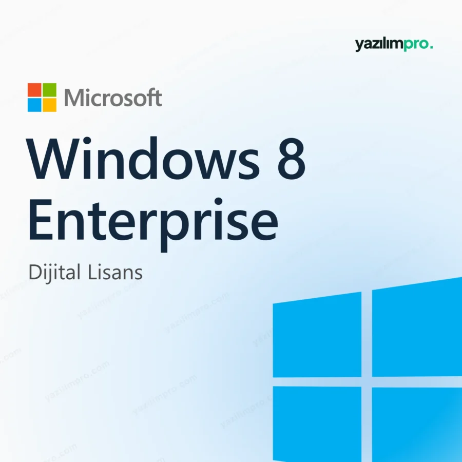 Windows 8 Enterprise Key – orijinal lisans anahtarı ürün görseli, Microsoft logosu ve ürün simgesiyle