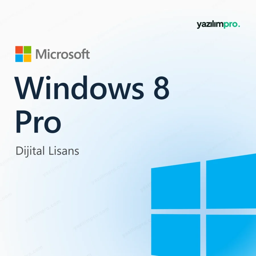 Windows 8 Pro Key – orijinal lisans anahtarı ürün görseli, Microsoft logosu ve ürün simgesiyle