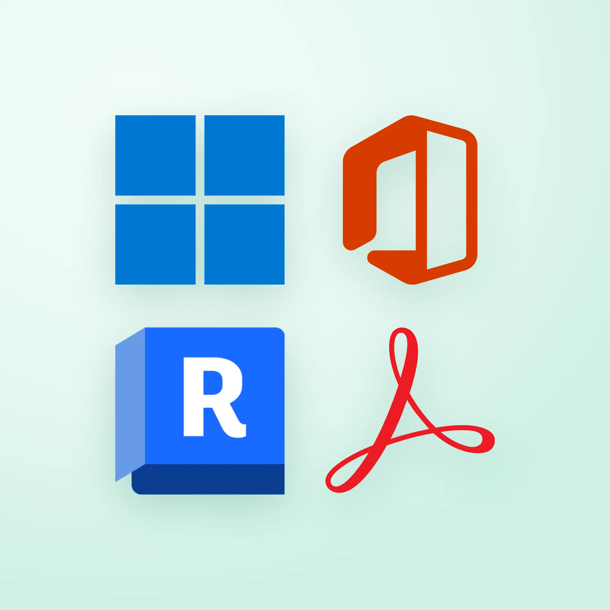 Windows, Microsoft Office, Revit ve Acrobat logoları – Çok Satanlar kategorisi