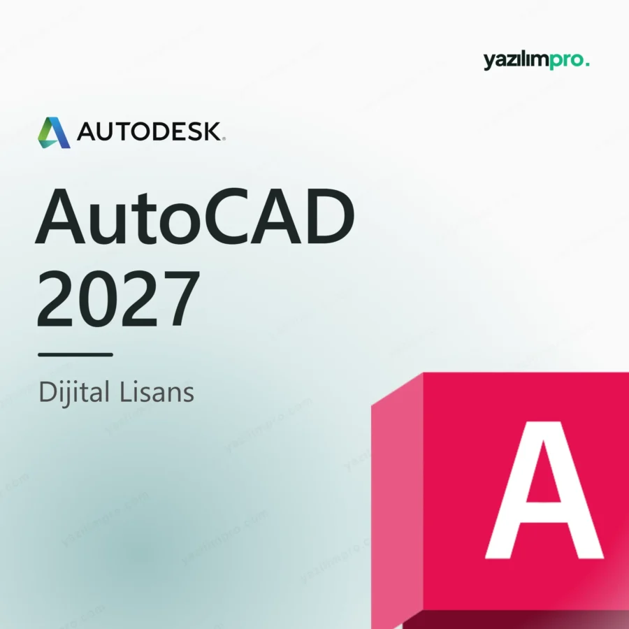 AutoCAD 2027 orijinal lisans ürün görseli, Autodesk logosu ve ürün simgesiyle