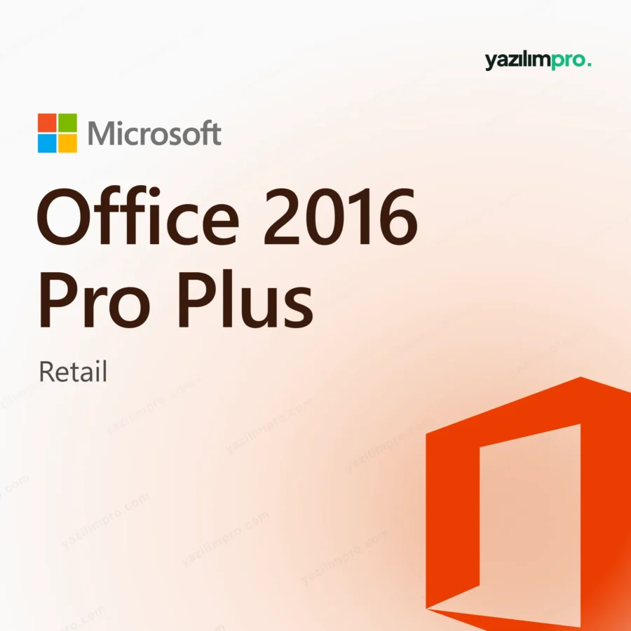 Office 2016 Pro Plus Retail FPP Kurumsal süresiz lisans ürün görseli, Microsoft logosu ve ürün simgesiyle