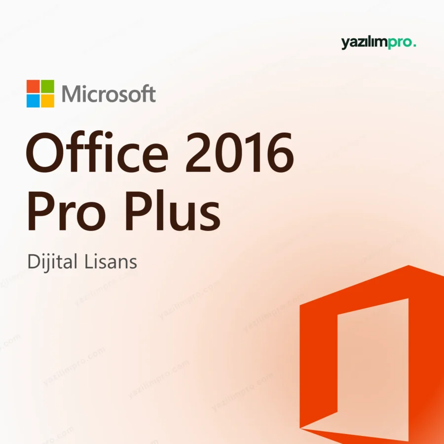 Office 2016 Pro Plus süresiz lisans ürün görseli, Microsoft logosu ve ürün simgesiyle