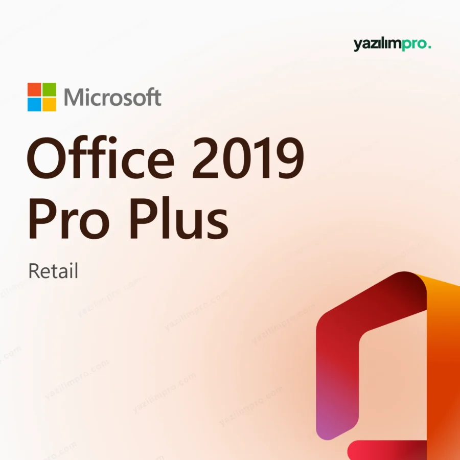 Office 2019 Pro Plus Retail FPP Kurumsal süresiz lisans ürün görseli, Microsoft logosu ve ürün simgesiyle