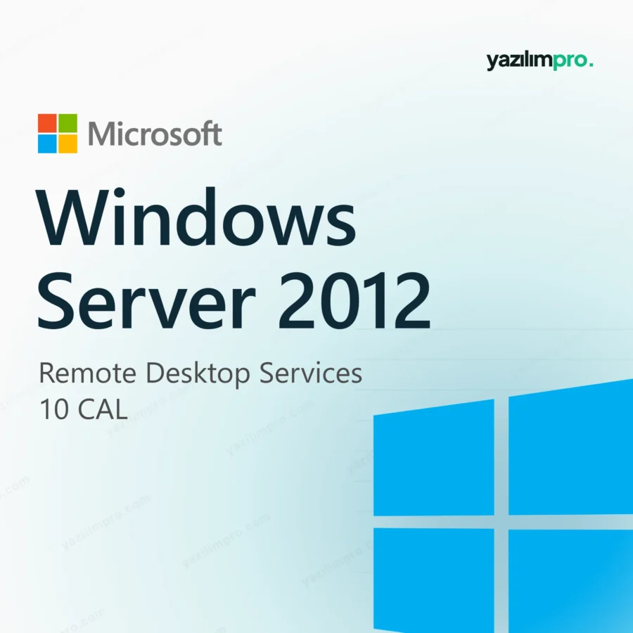Server 2012 Standard 10 CAL orijinal lisans ürün görseli, Microsoft logosu ve Windows simgesiyle