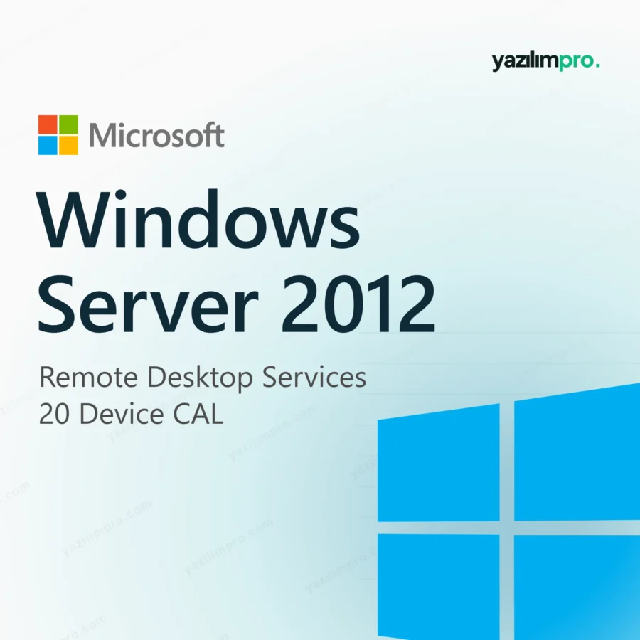 Server 2012 Standard Remote Desktop Services device 20 orijinal lisans ürün görseli, Microsoft logosu ve Windows simgesiyle