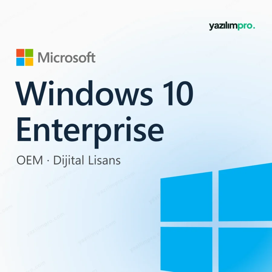 Windows 10 Enterprise OEM Key – kalıcı lisans anahtarı ürün görseli, Microsoft logosu ve ürün simgesiyle