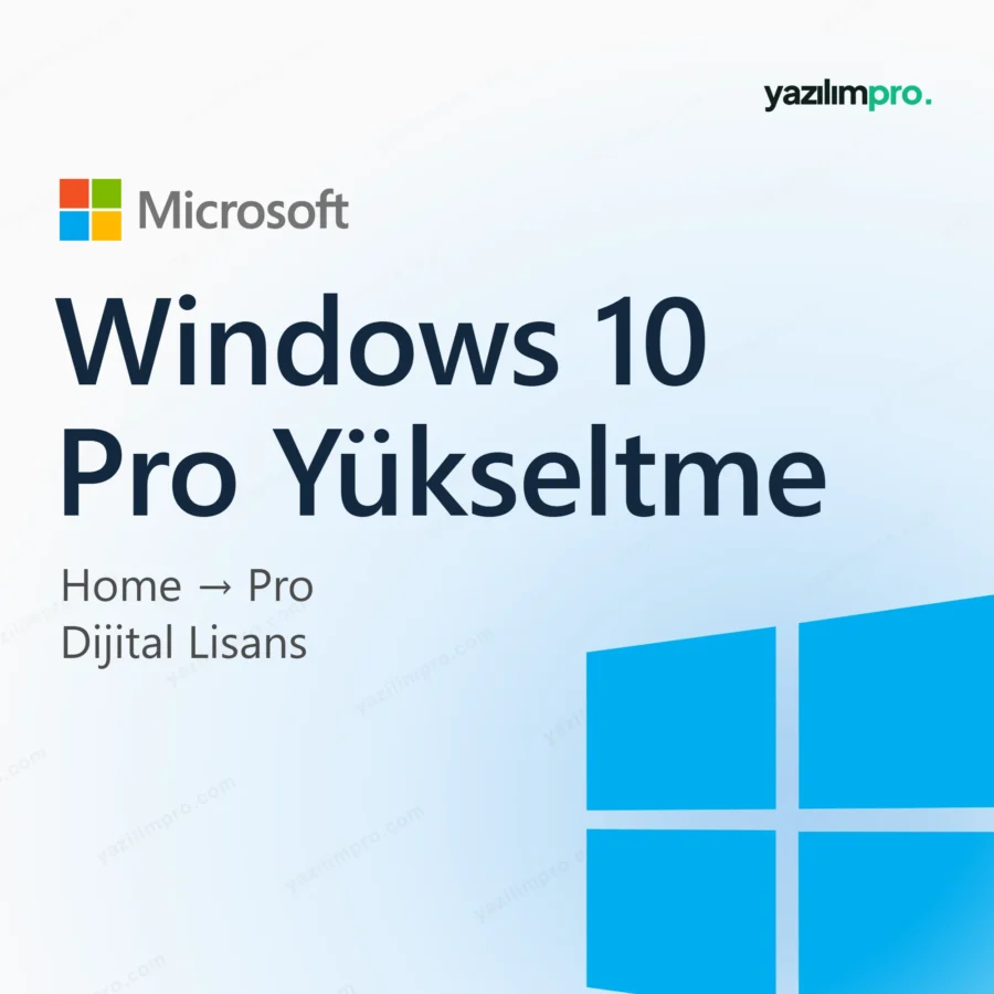 Windows 10 Home'dan Pro'ya Yükseltme Key – orijinal lisans anahtarı ürün görseli, Microsoft logosu ve ürün simgesiyle