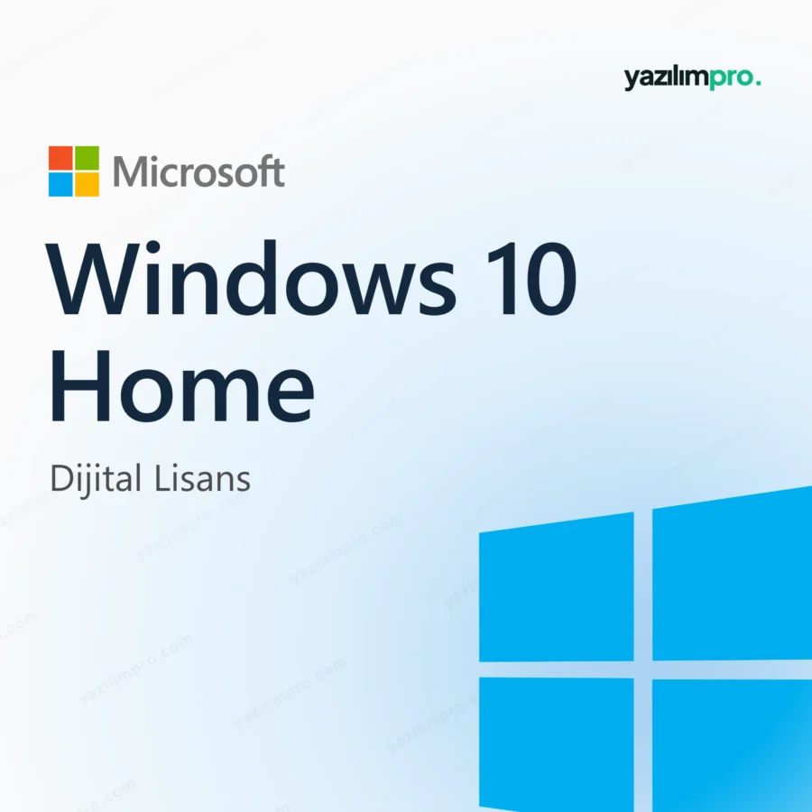 Windows 10 Home Key – orijinal lisans anahtarı ürün görseli, Microsoft logosu ve ürün simgesiyle