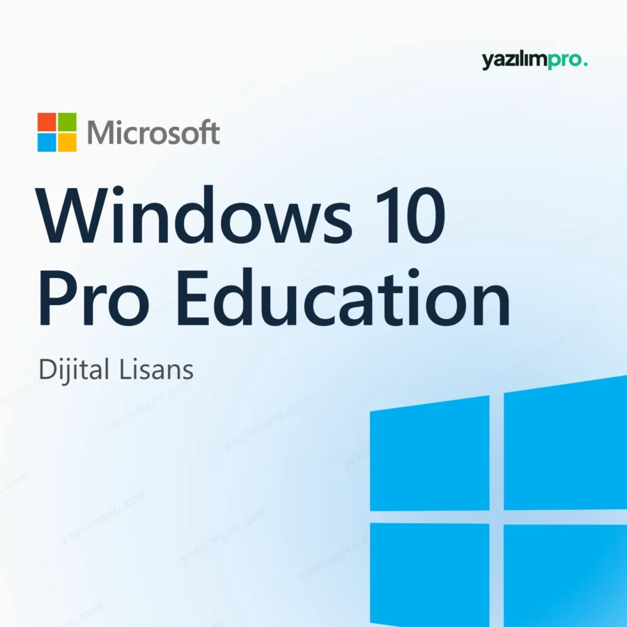 Windows 10 Pro Education Key – orijinal lisans anahtarı ürün görseli, Microsoft logosu ve ürün simgesiyle