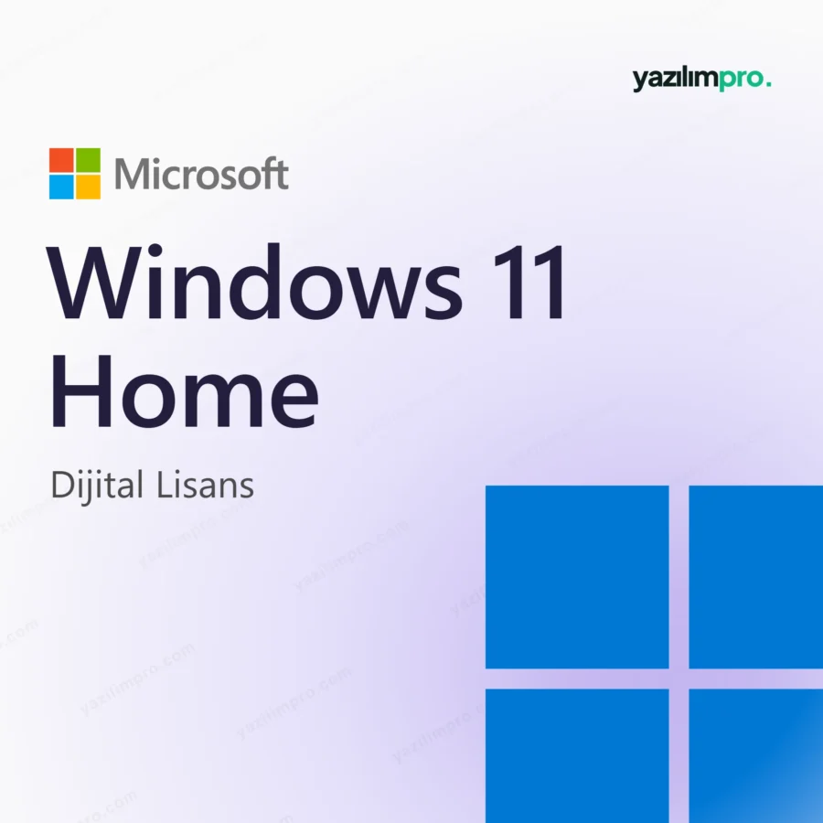 Windows 11 Home Key – orijinal lisans anahtarı ürün görseli, Microsoft logosu ve ürün simgesiyle