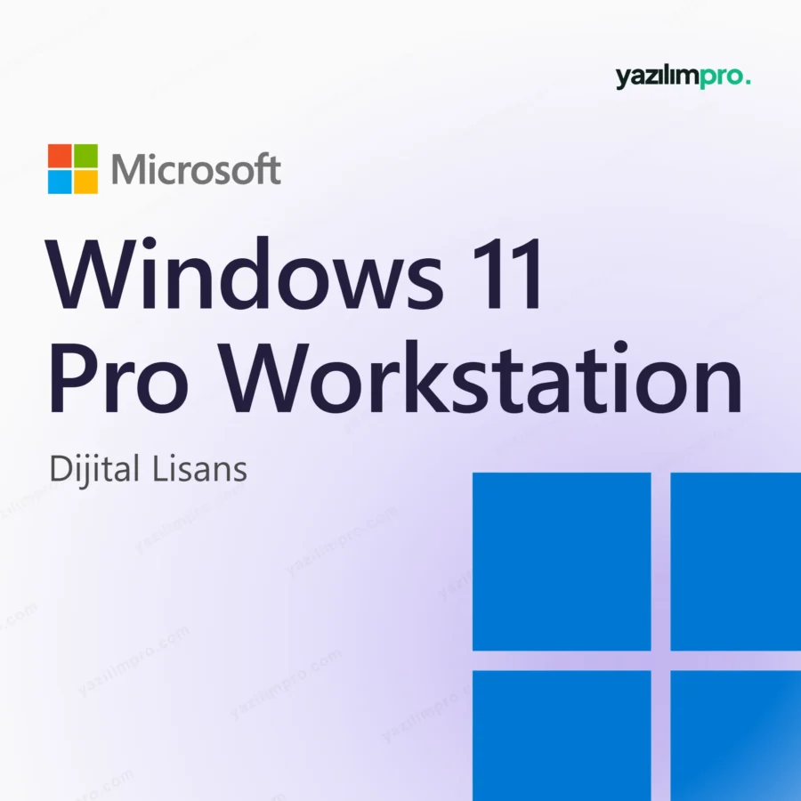 Windows 11 Pro Workstation Key – orijinal lisans anahtarı ürün görseli, Microsoft logosu ve ürün simgesiyle