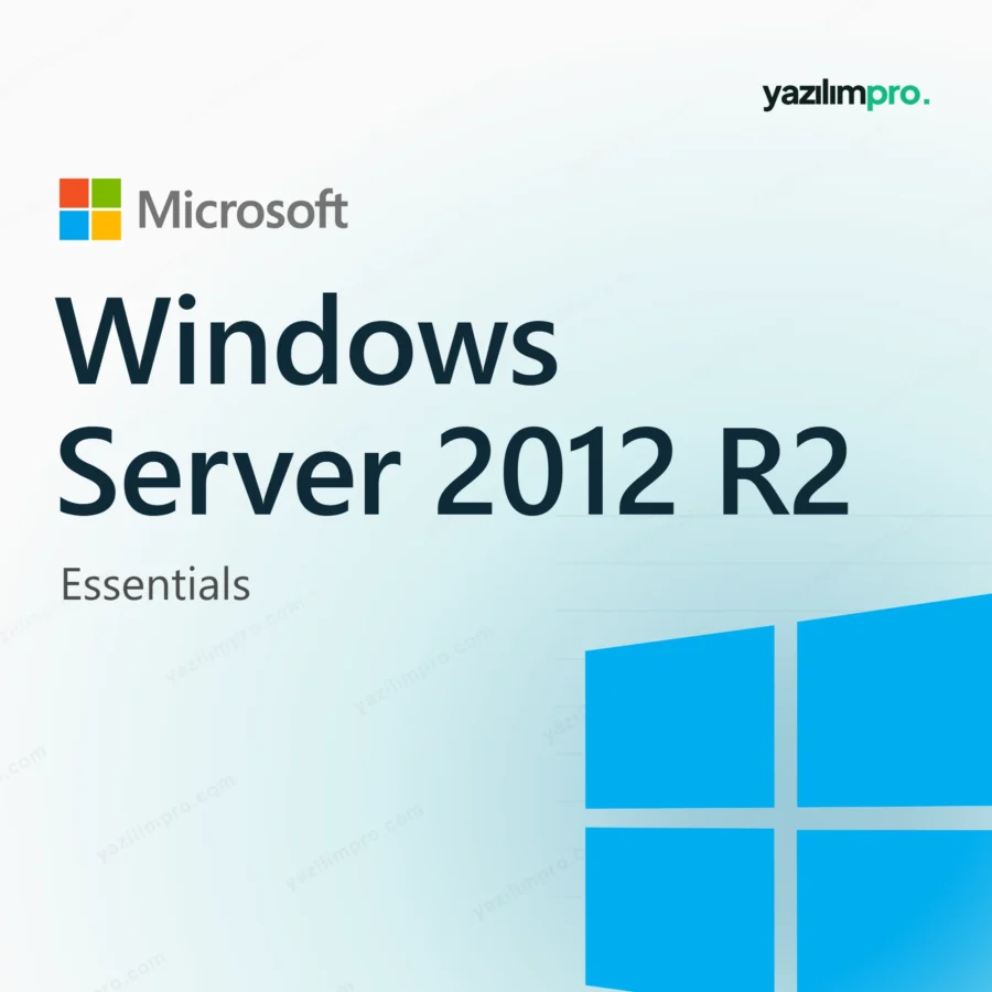 Windows Server 2012 R2 Essentials orijinal lisans ürün görseli, Microsoft logosu ve ürün simgesiyle