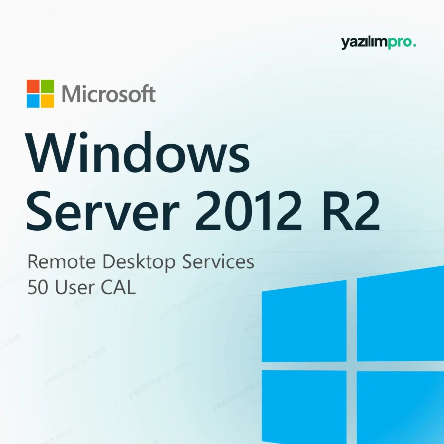 Windows Server 2012 R2 Standard 50 User CAL orijinal lisans ürün görseli, Microsoft logosu ve ürün simgesiyle