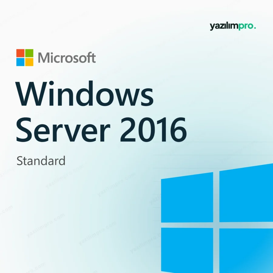Windows Server 2016 Standard orijinal lisans ürün görseli, Microsoft logosu ve ürün simgesiyle