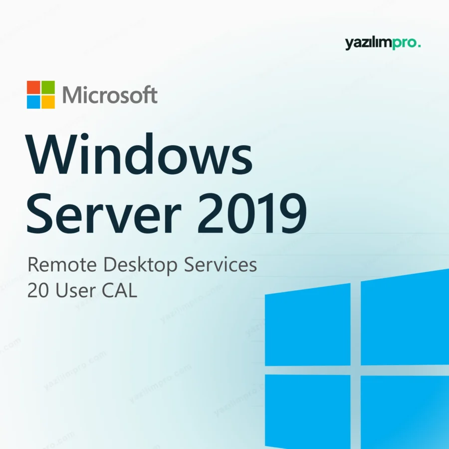 Windows Server 2019 Remote Desktop Services RDS 20 User CAL orijinal lisans ürün görseli, Microsoft logosu ve ürün simgesiyle