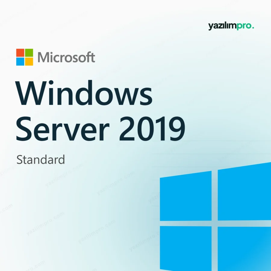 Windows Server 2019 Standard Kurumsal orijinal lisans anahtarı ürün görseli, Microsoft logosu ve ürün simgesiyle