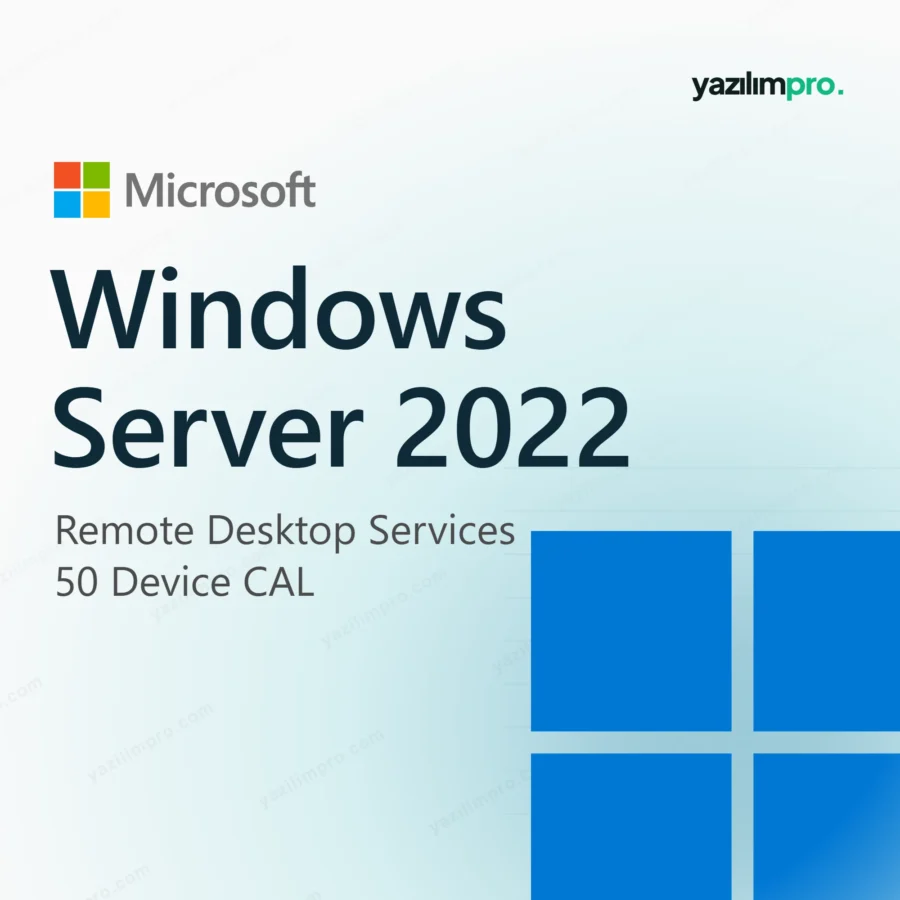 Windows Server 2022 RDS 50 Device CAL dijital lisans ürün görseli, Microsoft logosu ve ürün simgesiyle