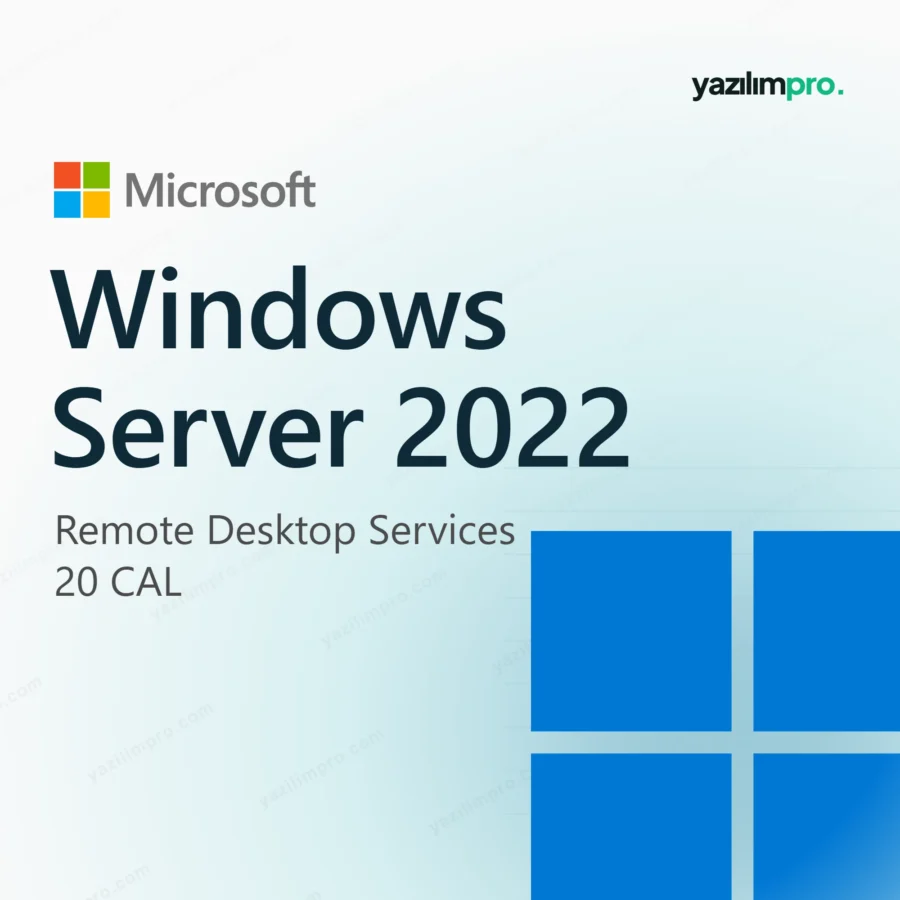 Windows Server 2022 Standard 20 CAL RDS Key – orijinal lisans anahtarı ürün görseli, Microsoft logosu ve ürün simgesiyle